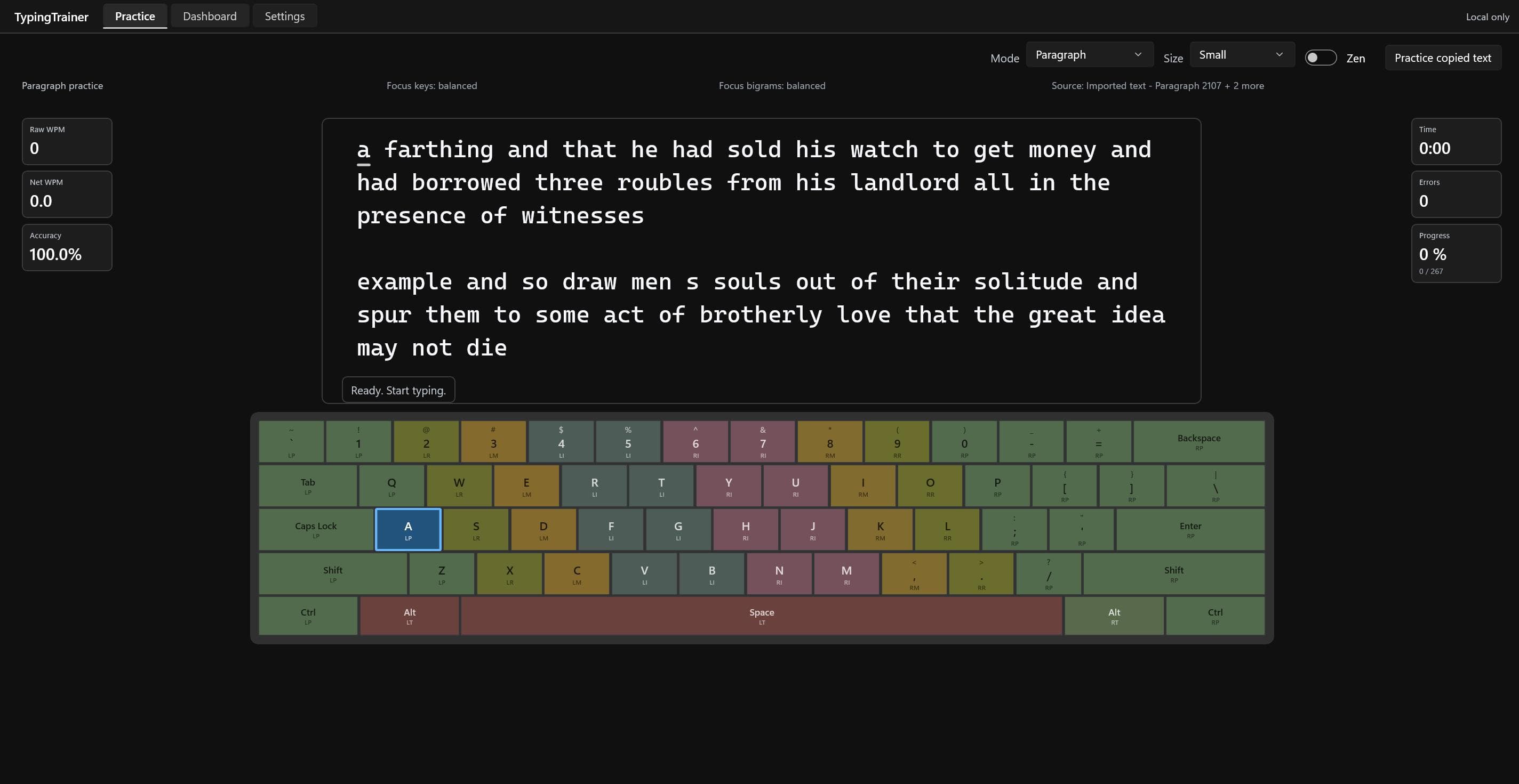 Typing Trainer practice screen
